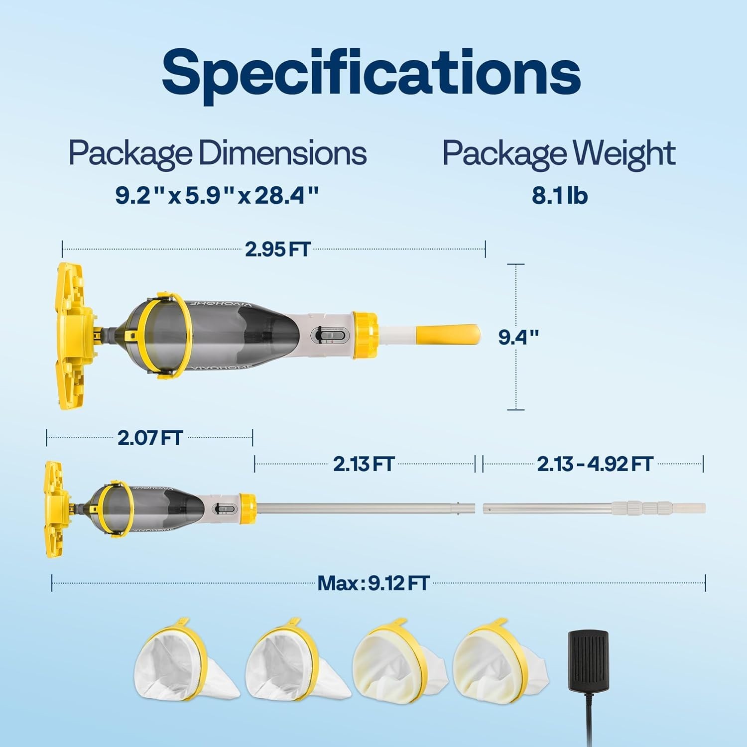 Cordless Pool Vacuum Cleaner with Extended Telescopic Poles 18.5 GPM Yellow