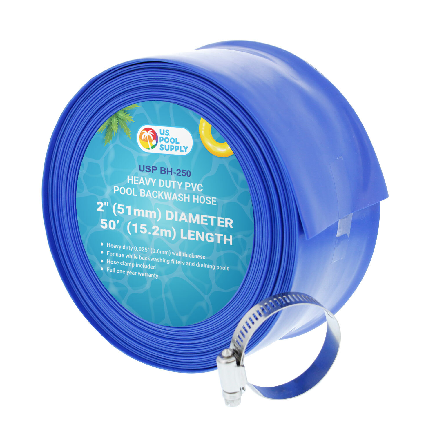 2&Prime; x 50&prime; Heavy Duty Blue Swimming Pool Backwash Hose & Clamp Water Discharge