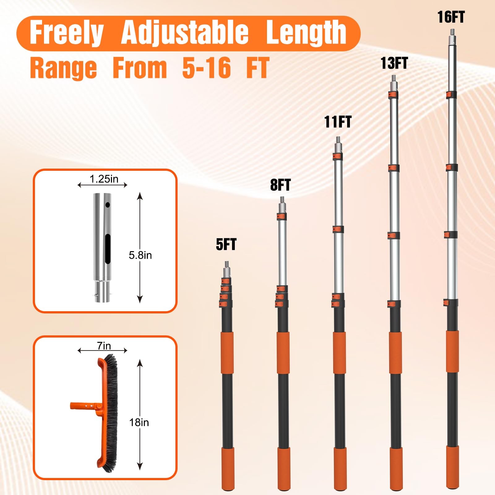 LAANPOLE Pool Brush with Pole, 16FT Heavy Duty Telescopic Pool Pole with 18&Prime; …