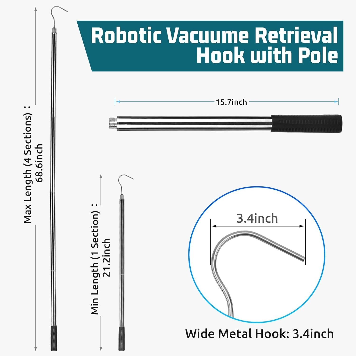 Heavy-Duty Robotic Pool Cleaner Hook & 68-Inch Pole for Effortless Retrieval
