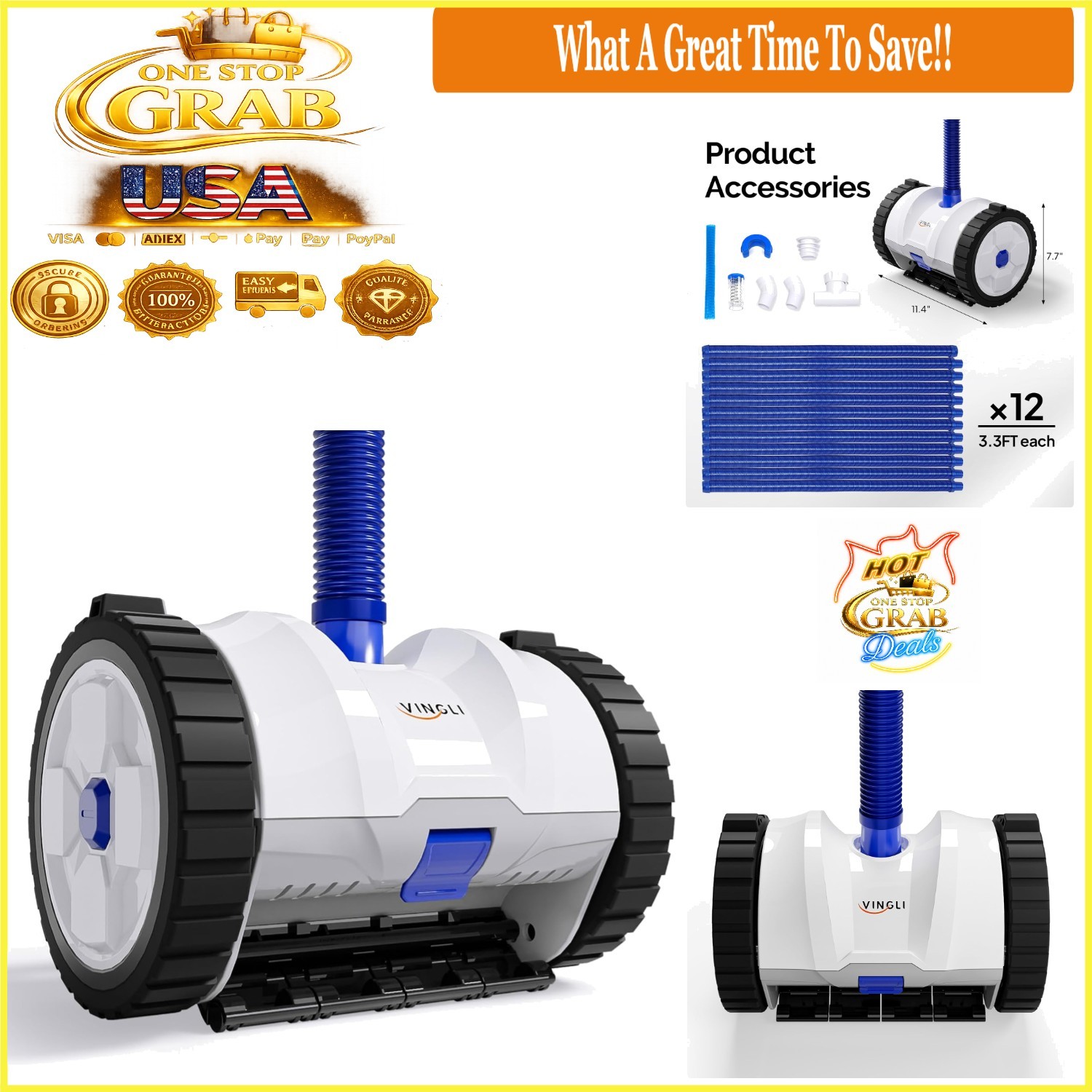 Automatic Pool Vacuum Cleaner Wall-Climbing Suction Pool Sweeper 40FT Hose