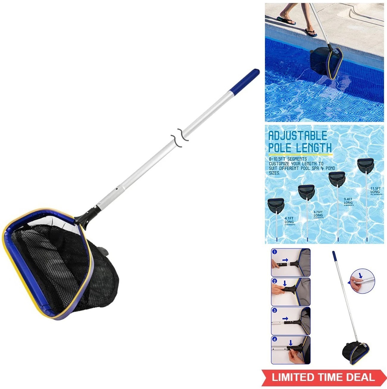 Pool Skimmer Net 17x16x17 Inch Fine Mesh Leaf Rake 3-10 ft Adjustable Aluminum
