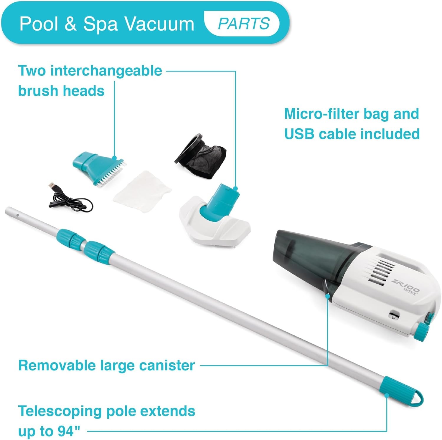 Intex Rechargeable Cordless Pool & Spa Vacuum ZR100 Handheld Cleaner 28626E