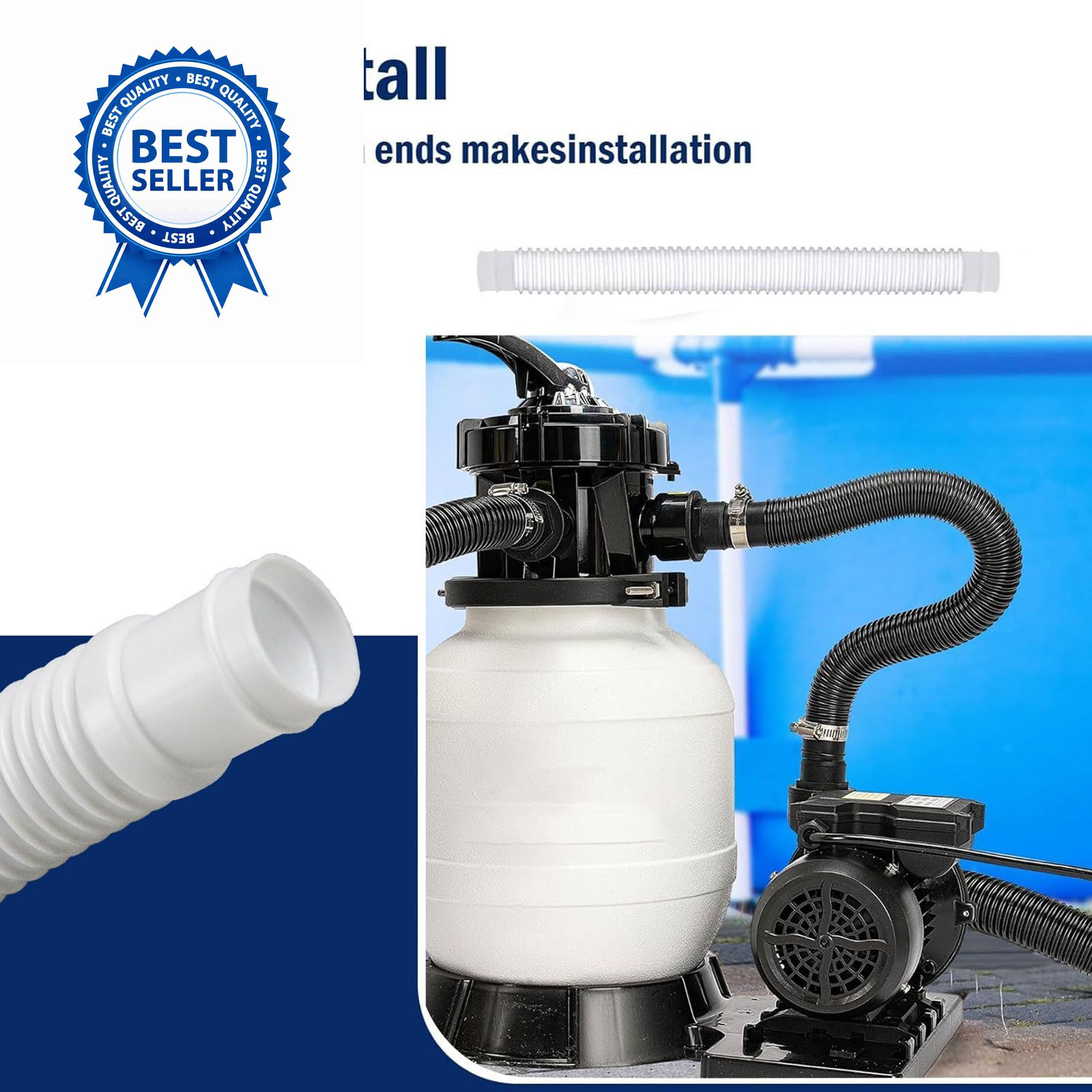 Pool Sand Filter Pump Hose – 1.25&Prime; 16 inches x 1.25 inches, White -1 Pack