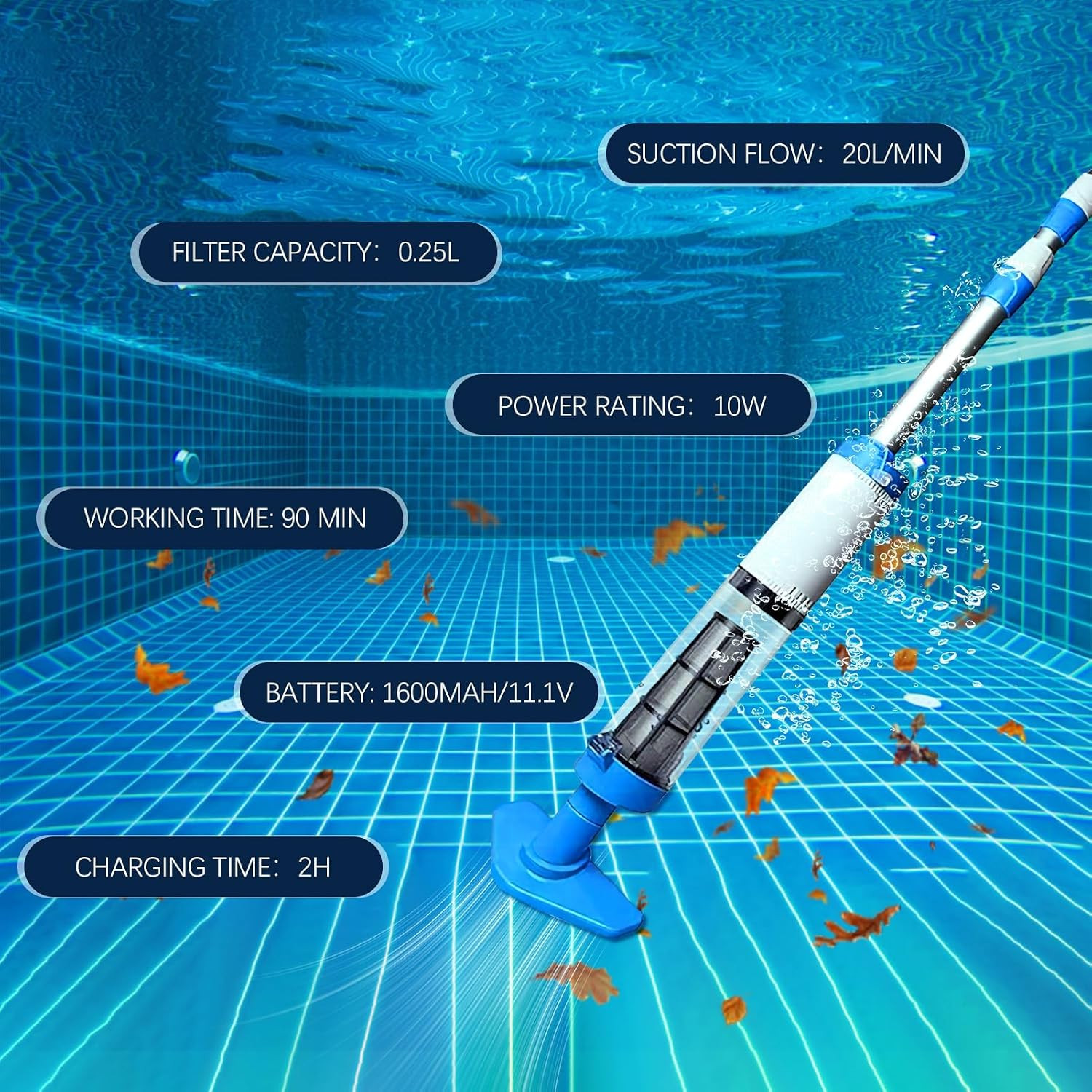 3 in 1 Cordless Rechargeable Swimming Pool Vacuum Head, Telescopic Pole Handheld