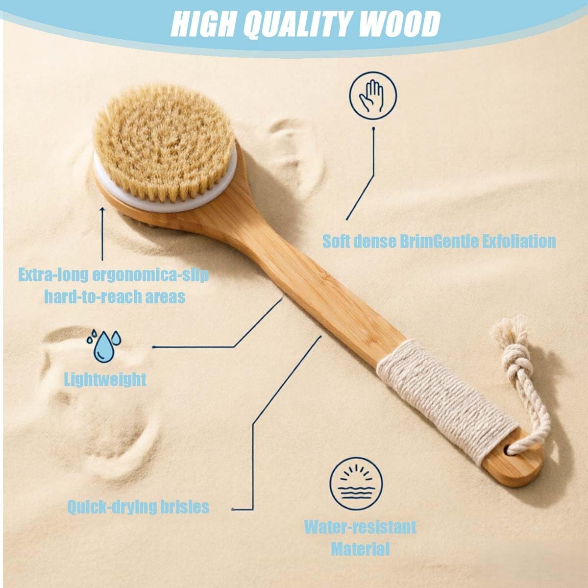 Long Handle Bamboo Body Brush, Soft Bristles for Shower Back & Feet, Beach Sa…
