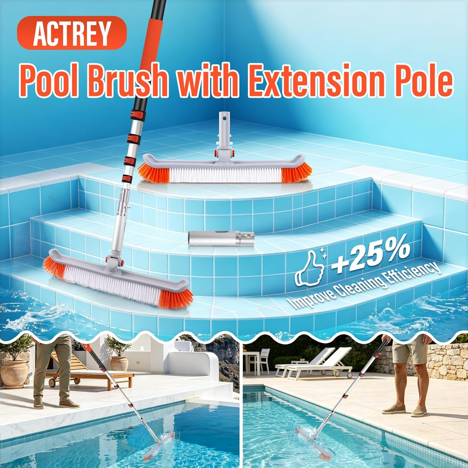 16FT Telescoping Pool Pole with 19&Prime; Pool Brush Head,Reinforced Aluminum Adjustab