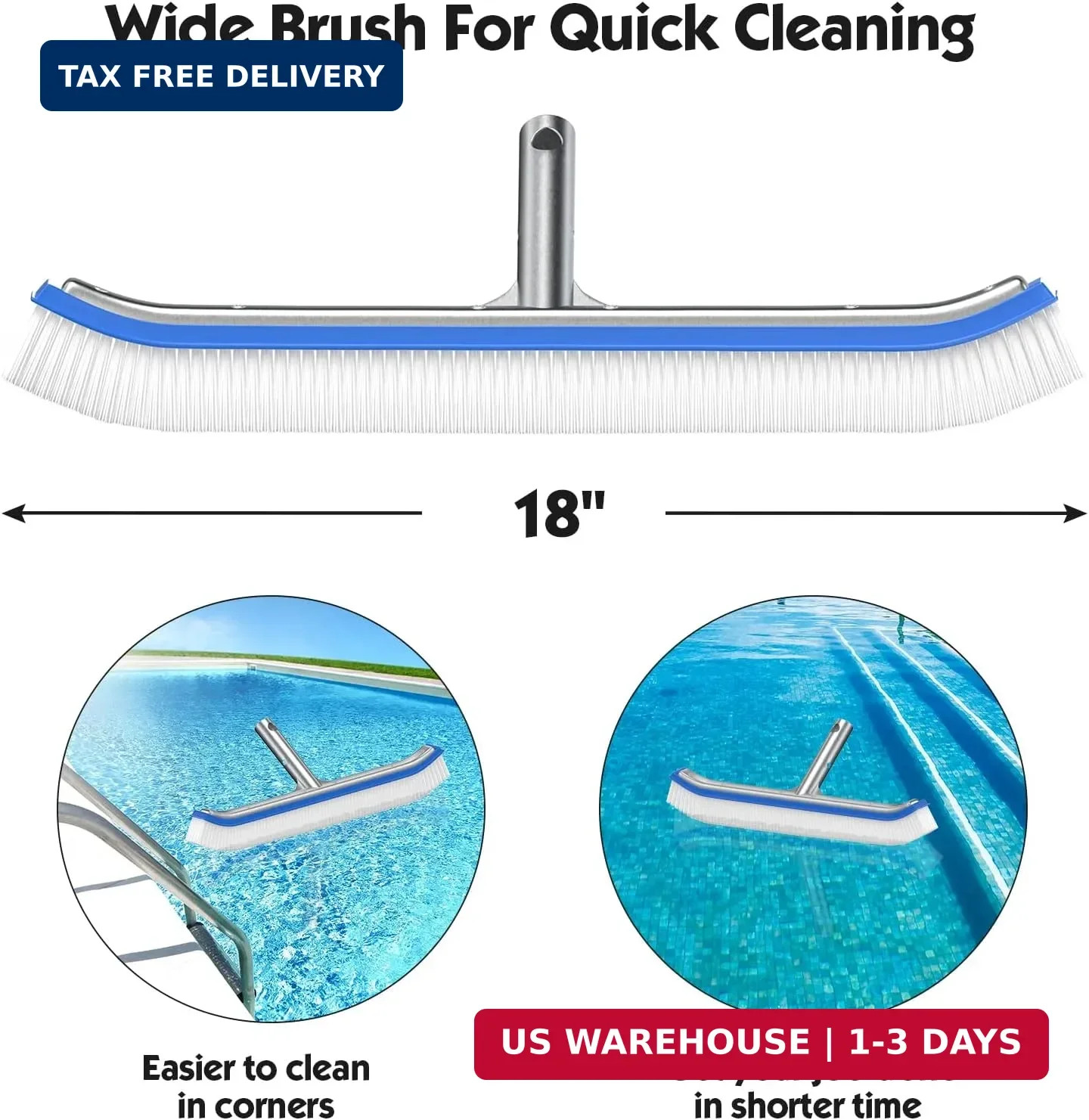 Pool Brush with Pole, 18 inch Wide Nylon Bristles Brush with 4FT Heavy Duty Swim
