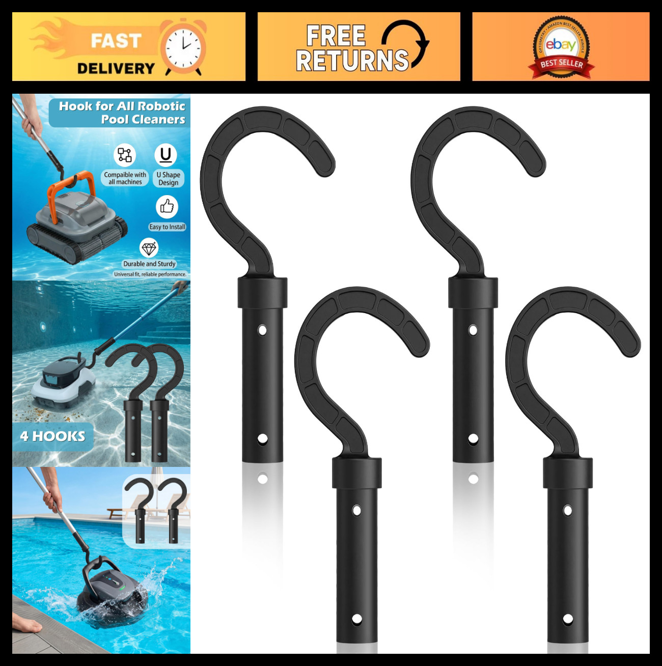 4 Pack Universal Pool Cleaner Hooks – 8&Prime;x3.7&Prime; Accessories for Above Ground & Und
