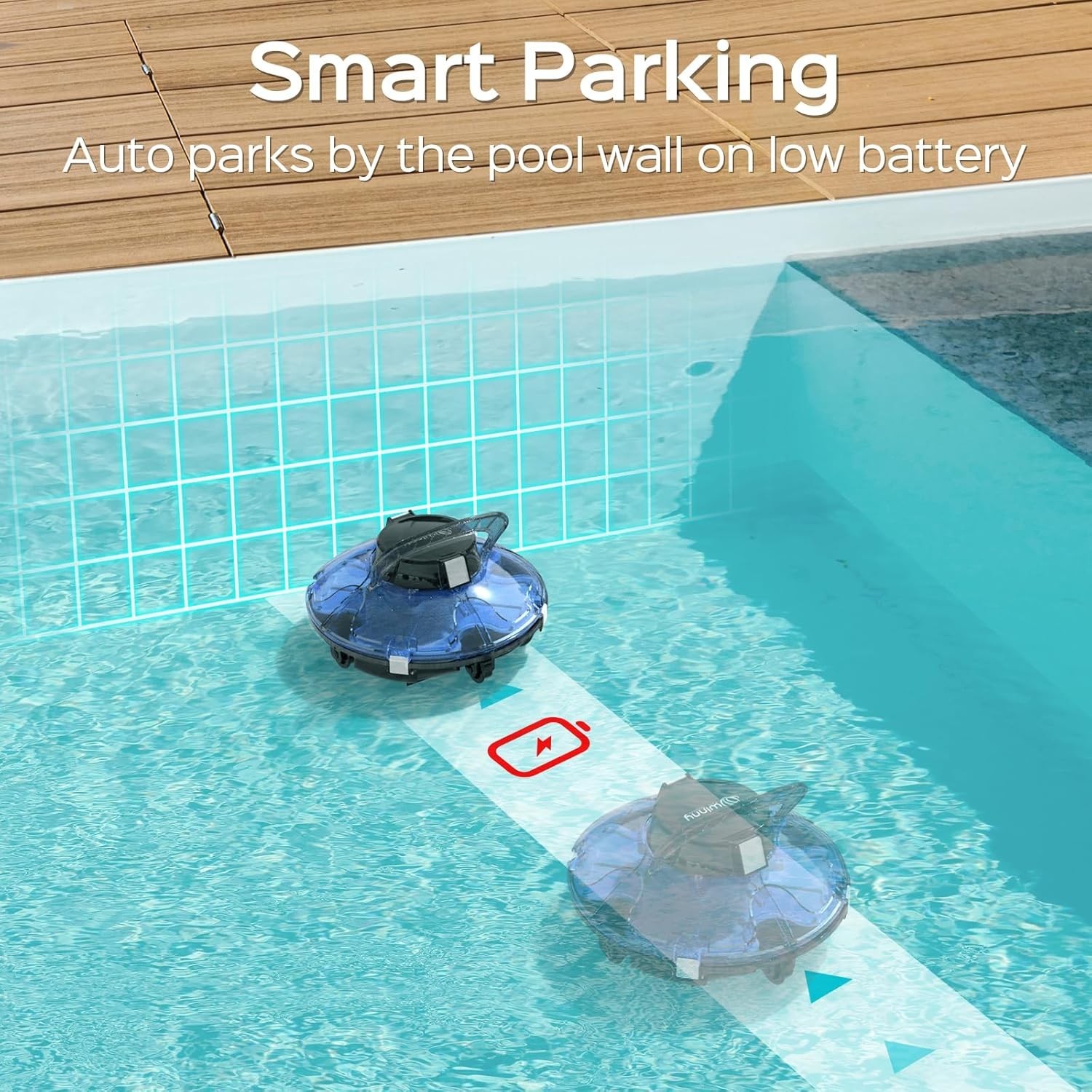Cordless Robotic Pool Vacuum, Self-Parking Technology, Portable, Clear Blue