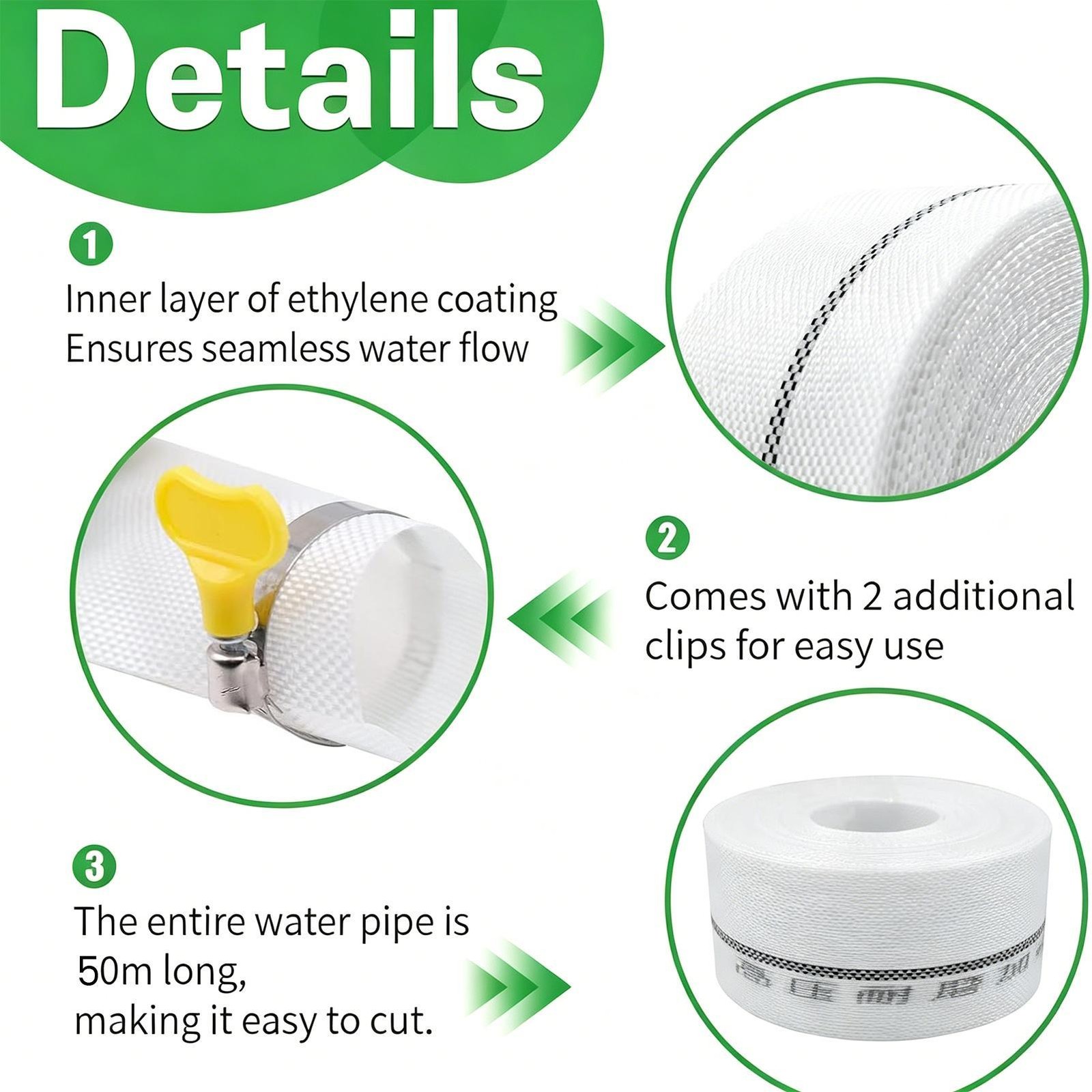 6.5cm x 50m Heavy Duty Pool Filter Backwash & Draining Hose with 2 Clamps