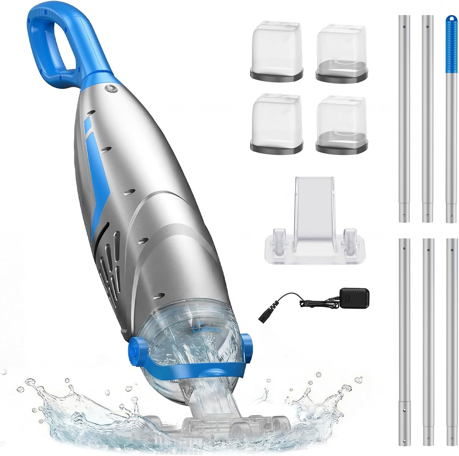 Cordless Pool Vacuum w/4 Filter Bags 26.5GPM Rechargeable Cleaner w/ Heads