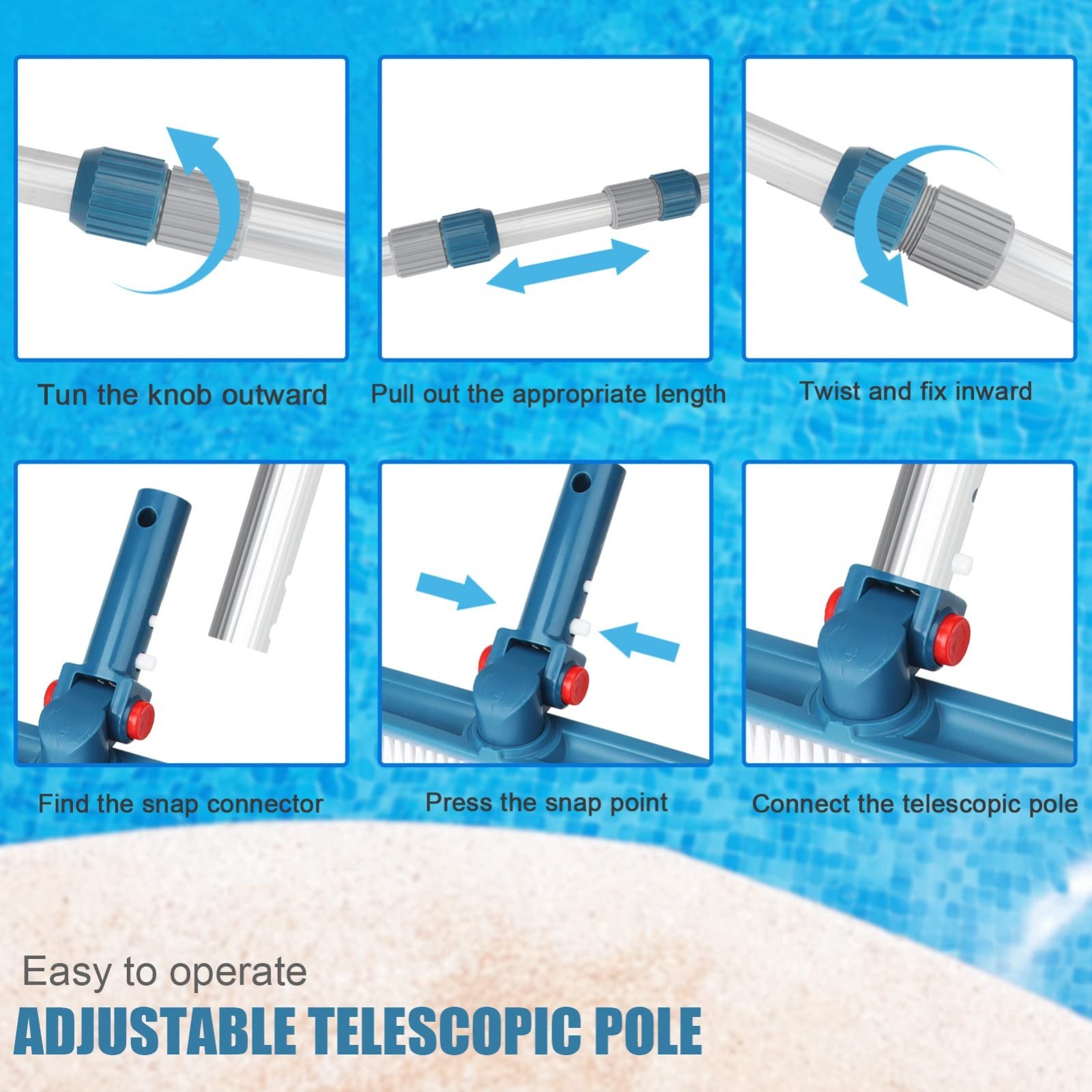 16ft Telescopic Aluminum Pool Cleaning Pole – Attach Skimmer Nets, Rakes & Brush