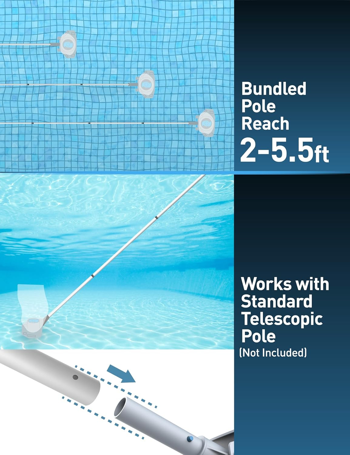 Rechargeable Medium Duty Pool Leaf Vacuum Cleaner with Pole, Runs 75-Mins, for P