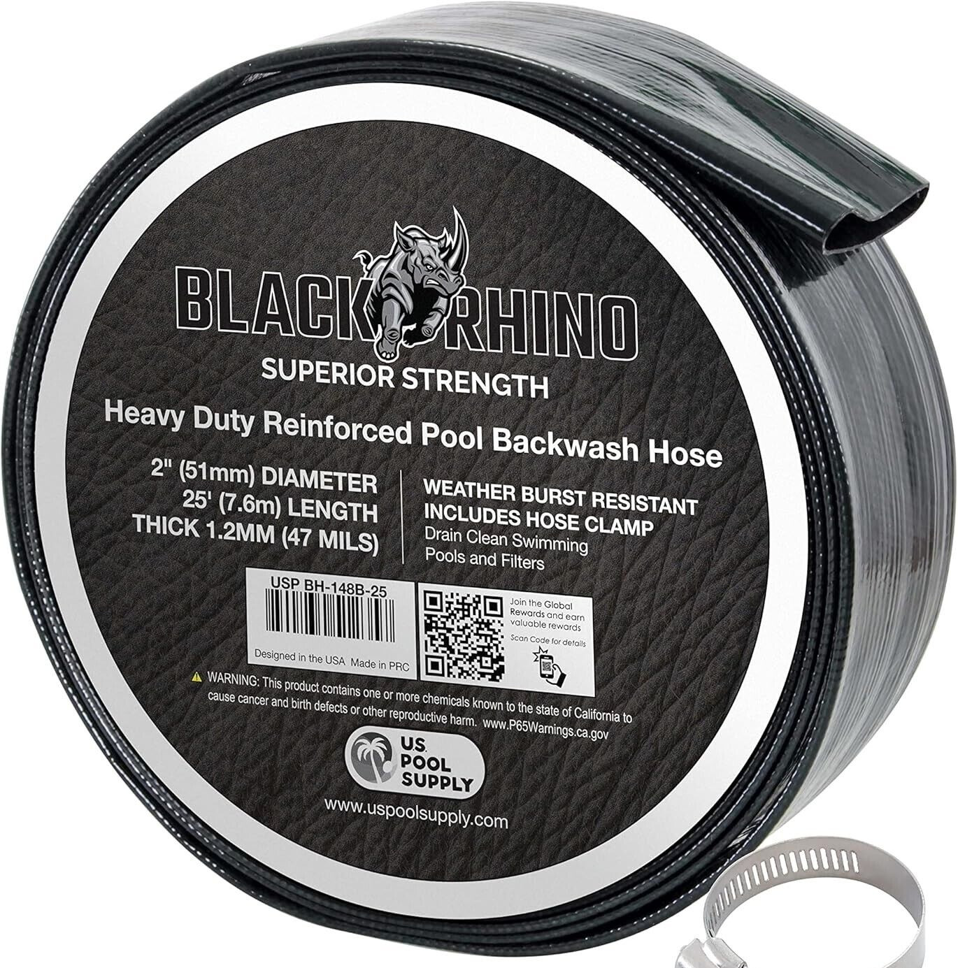 US Pool/Black Rhino 2&Prime; Diameter x 25&rsquo;/Heavy Duty Reinforced Pool Backwash Hose