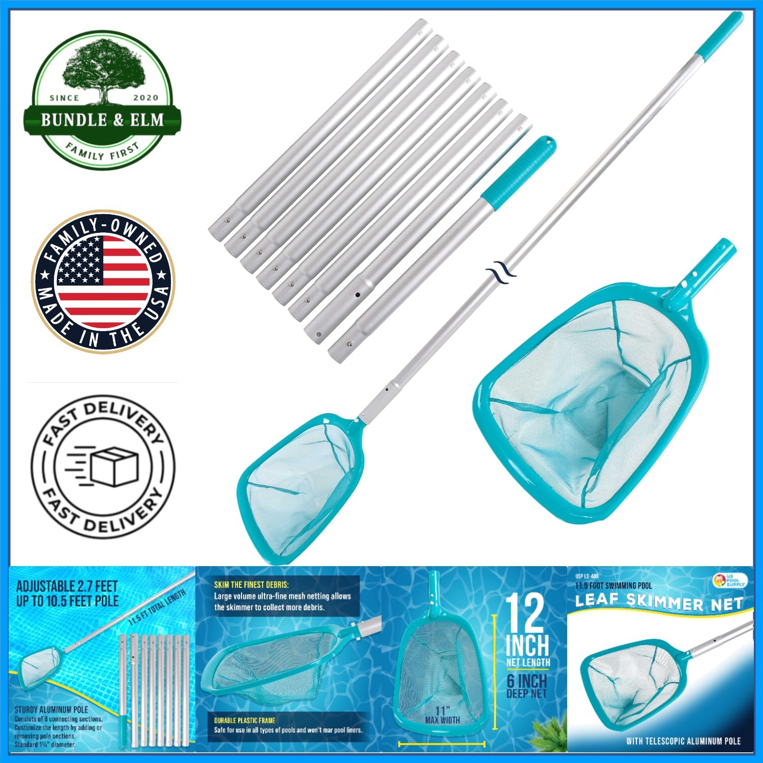 Durable 11.5 Foot Skimmer Net for Pools, Spas, and Ponds with Adjustable Length