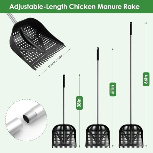 Heavy-Duty Yet Lightweight Chicken Poop Scooper & Rake 2-in-1, Adjustable Black
