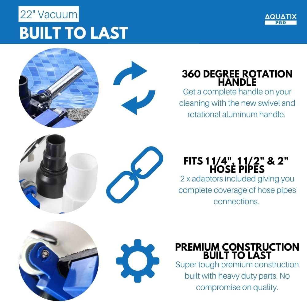 Pool Vacuum Head, 22&Prime; Extra Large Commercial Grade, 10 Weighted Plates, 2 X Hose