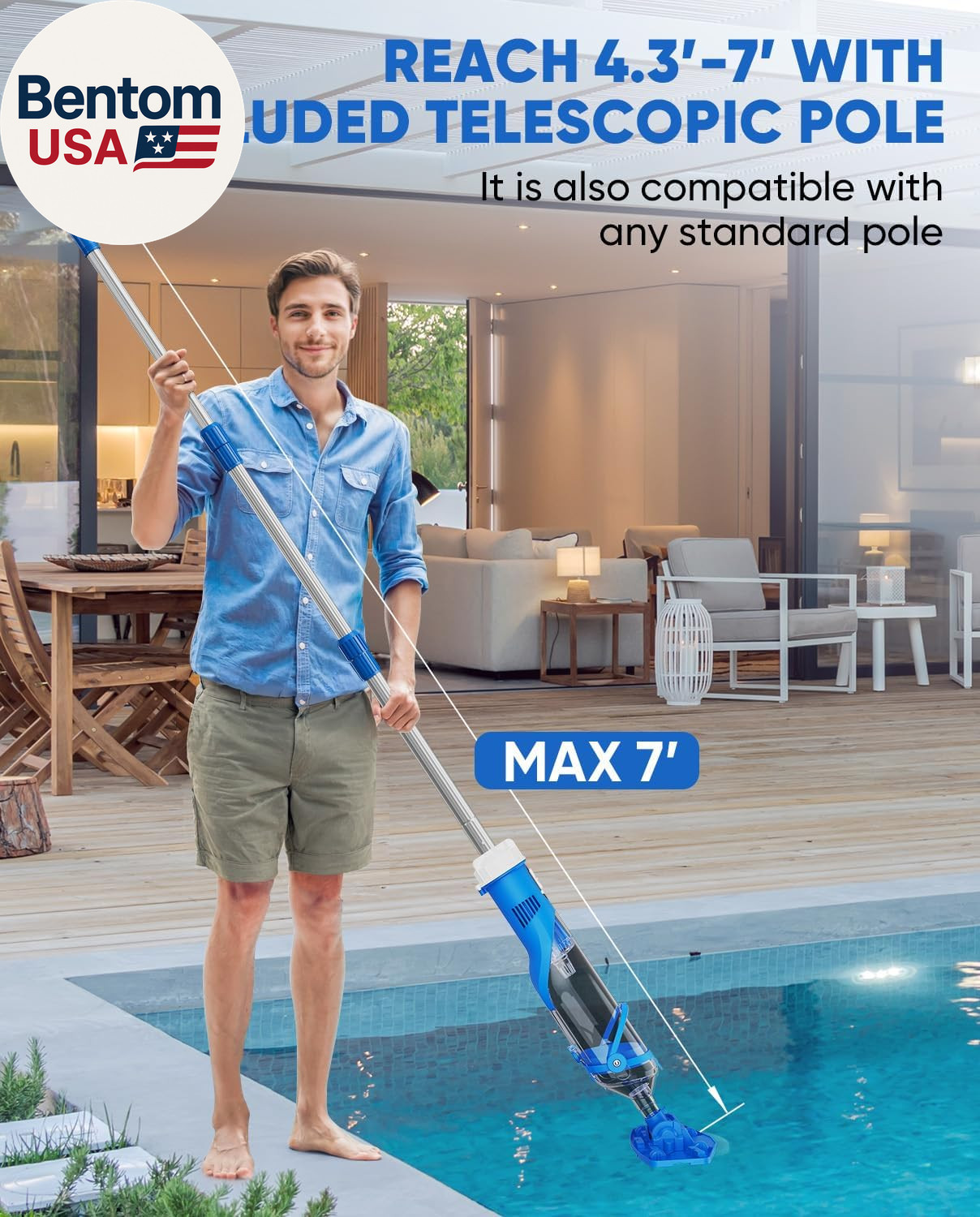 Cordless Pool Vacuum with Telescopic Pole, 18.5 GPM Powerful Suction, 1.5H Super