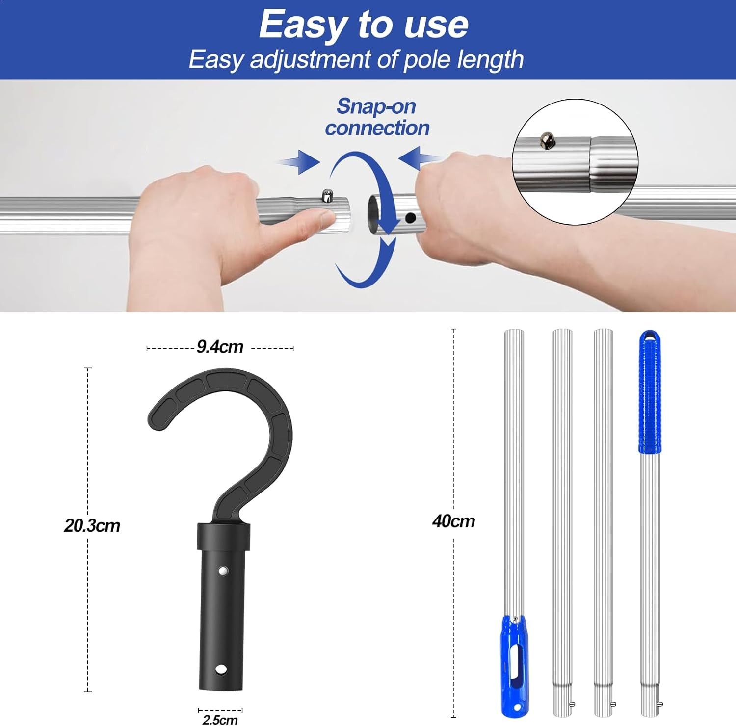 Pool Pole Hooks for Robotic Pool Cleaner with 2 PCS Pool Hooks for Poles &5.2 Ft