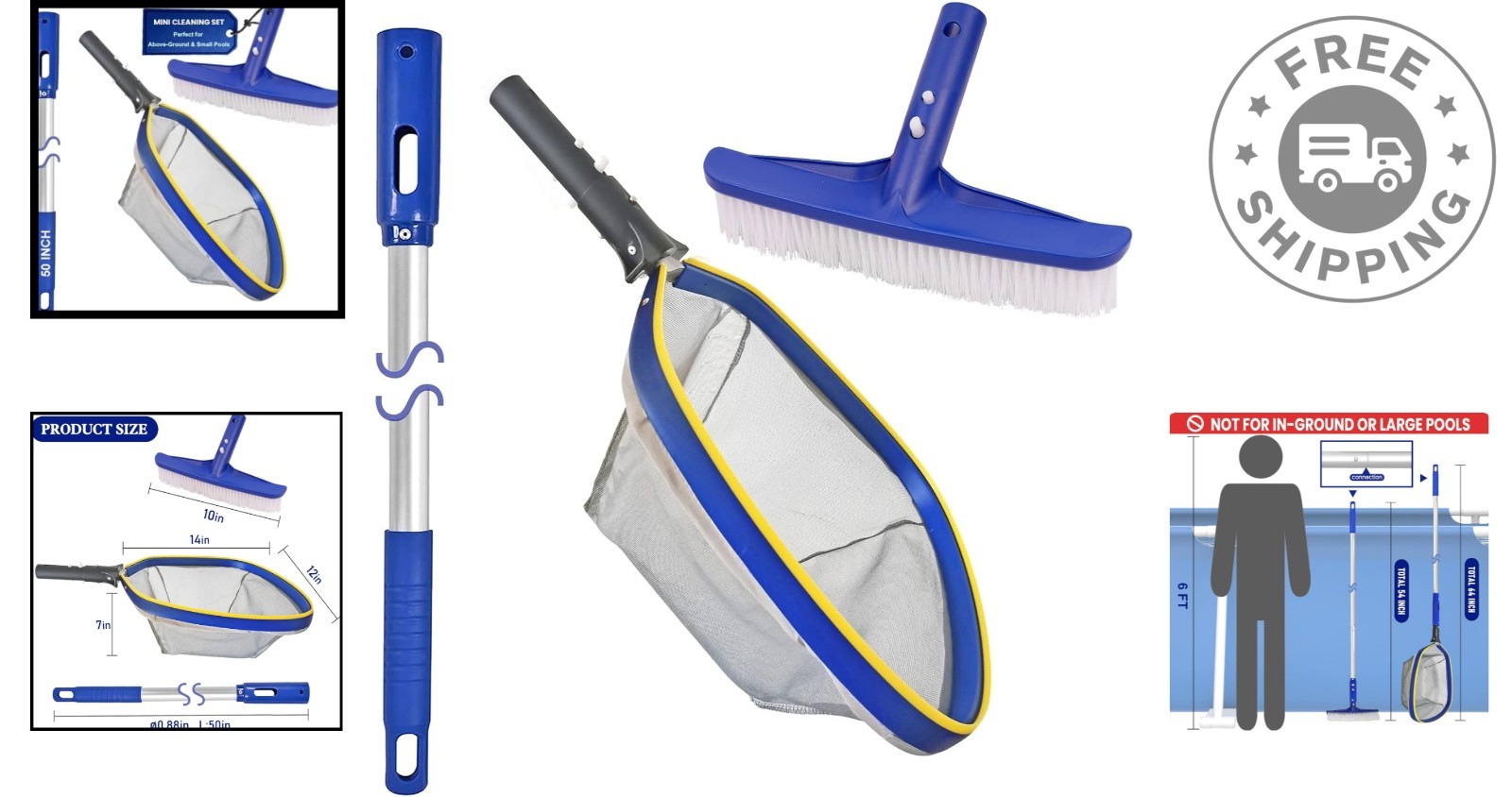 Elegant Pool Cleaning Kit: 14 » Brush & 50 » Telescopic Pole – Sparkling Waters