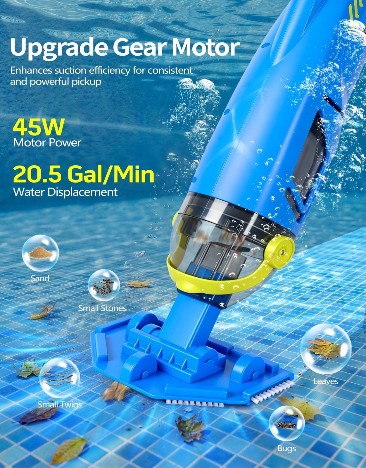 Cordless Pool Vacuum for Inground Pools | 20.5 GPM Powerful Suction, 2 Brush Hea