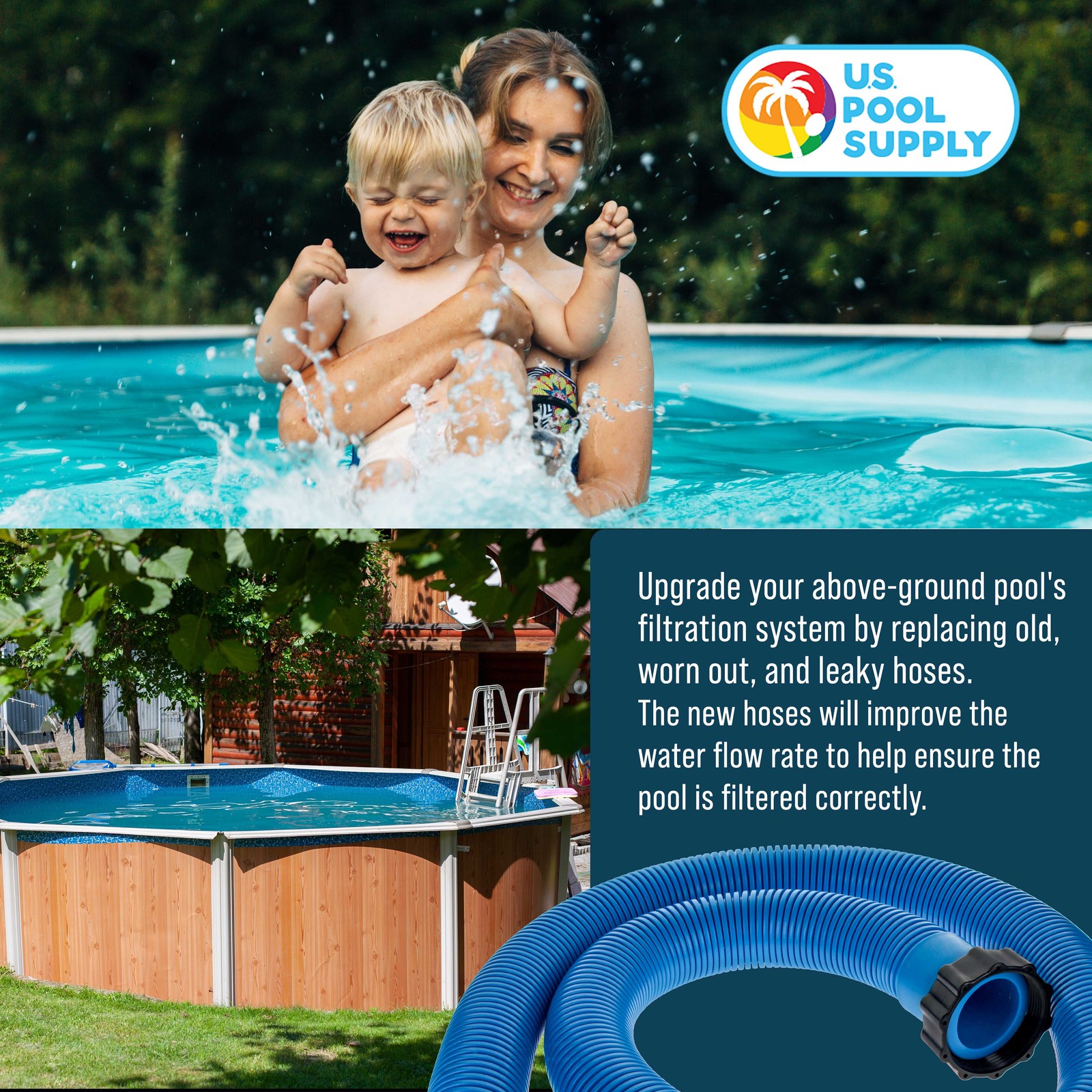 U.S. Pool Supply Above Ground Pool Hose 1.5&Prime; Diameter x 59&Prime;, Blue, 2 Pack