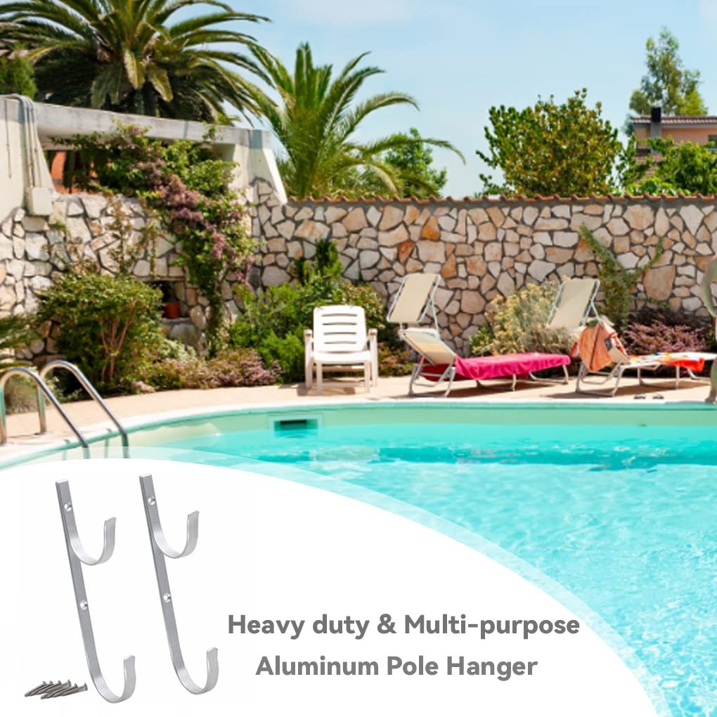 Aluminum Pool Pole Hanger Set with 2 Hooks for Rakes, Nets, and Brushes