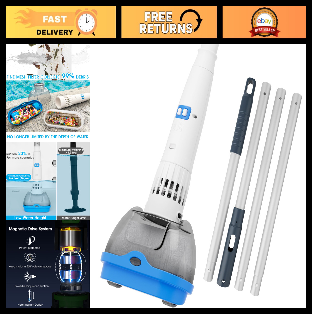 Rechargeable Hot Tub Vacuum Cleaner – Magnetic Drive, Ultra Fine Mesh Filter, 60