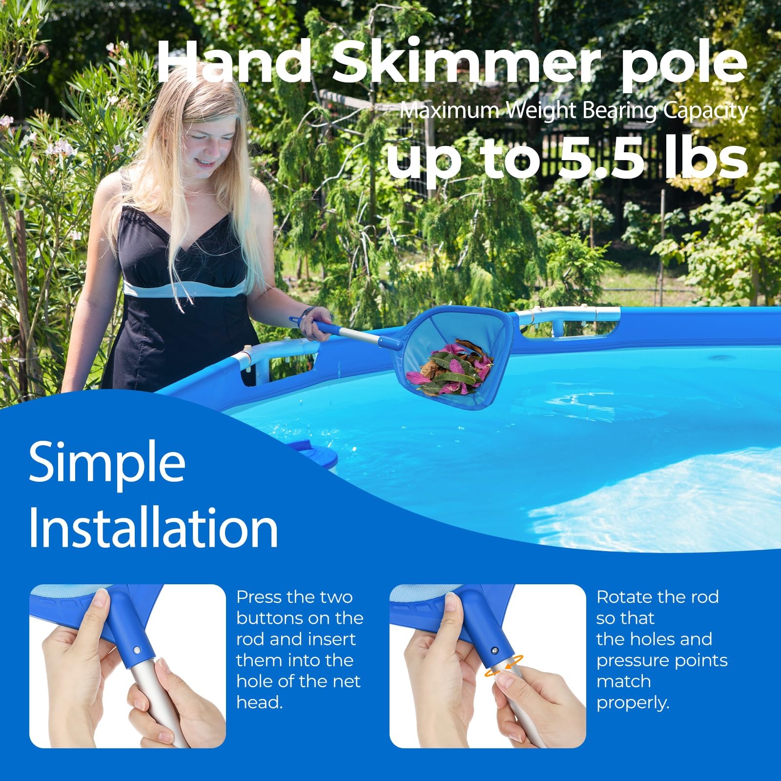 Swimming Pool Skimmer Net 26.8 inches, Leaf Rake Net with Fine Aluminum Pole