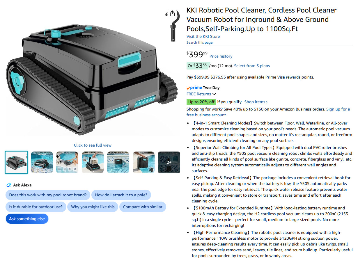 KKI H2 Cordless Robotic Pool Cleaner, Smart Vacuum, Self-Parking, FREE SHIP!