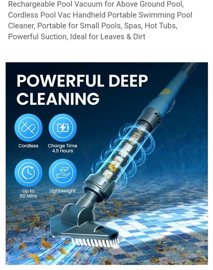 Cordless Pool Vacuum Cleaner, Rechargeable Handheld Vacuum for Above Ground Pool