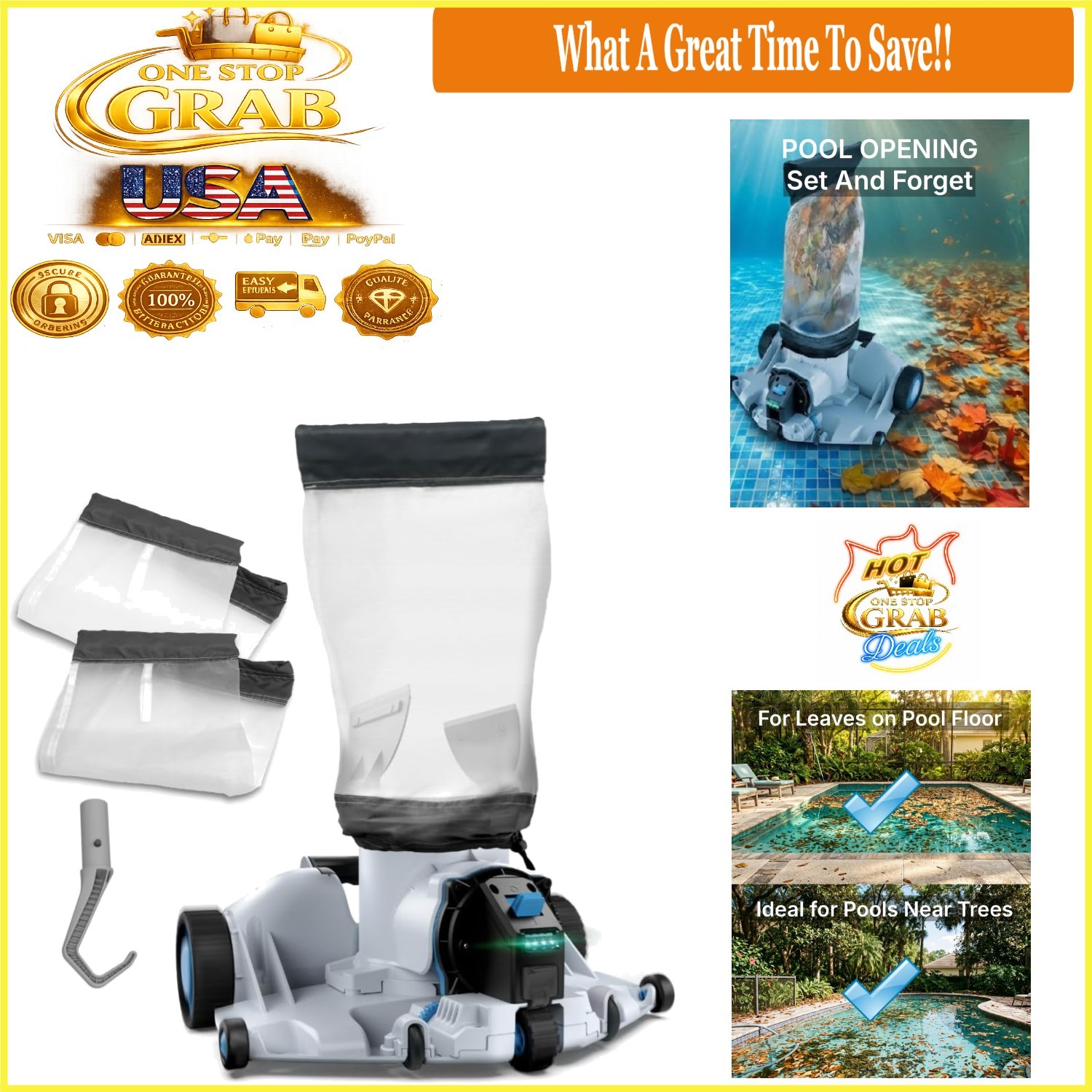 Heavy-Duty Battery Pool Leaf Vacuum Cleaner 1.85 Gal Bag 360° Suction