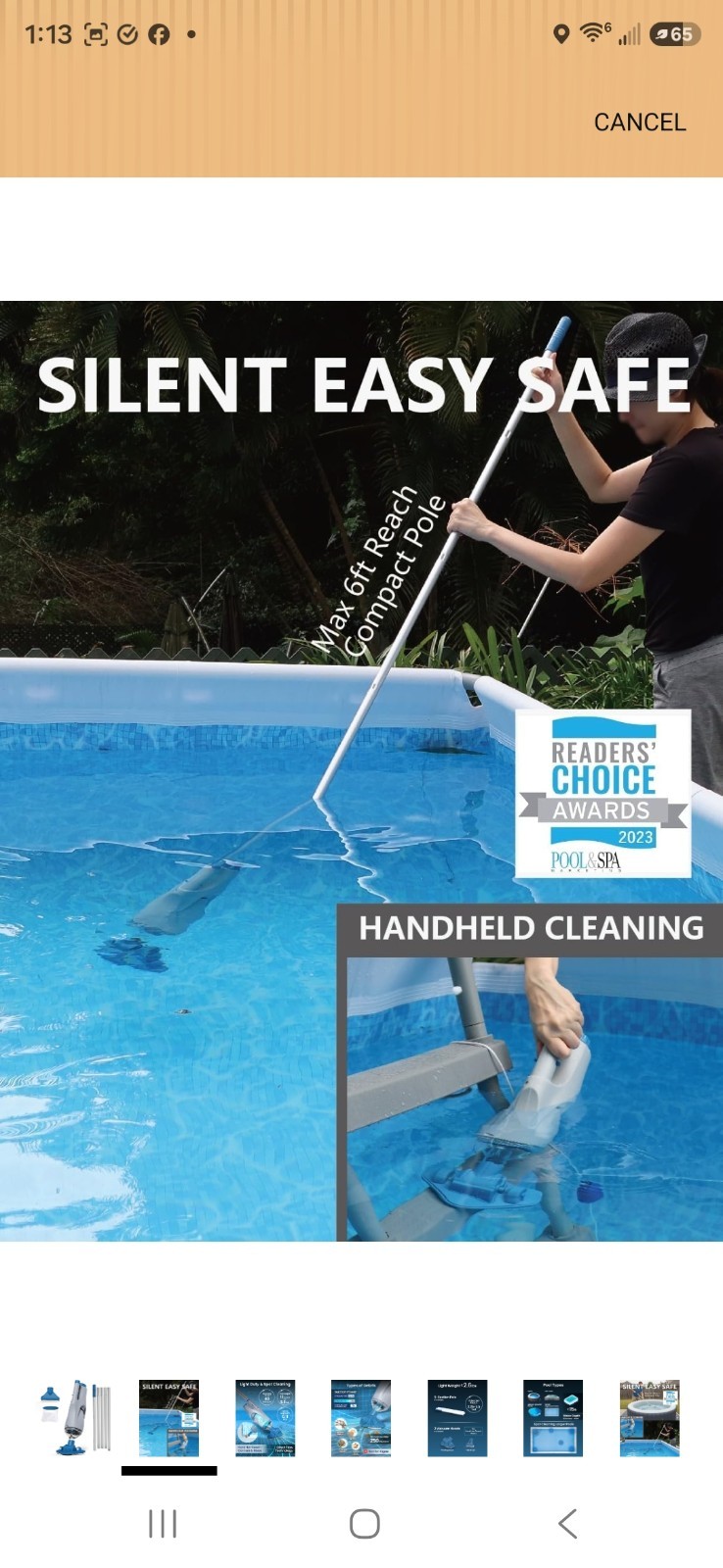 KOKIDO Cordless Handheld Pool Vacuum for above Ground Pool, with 6Ft Pole and 2