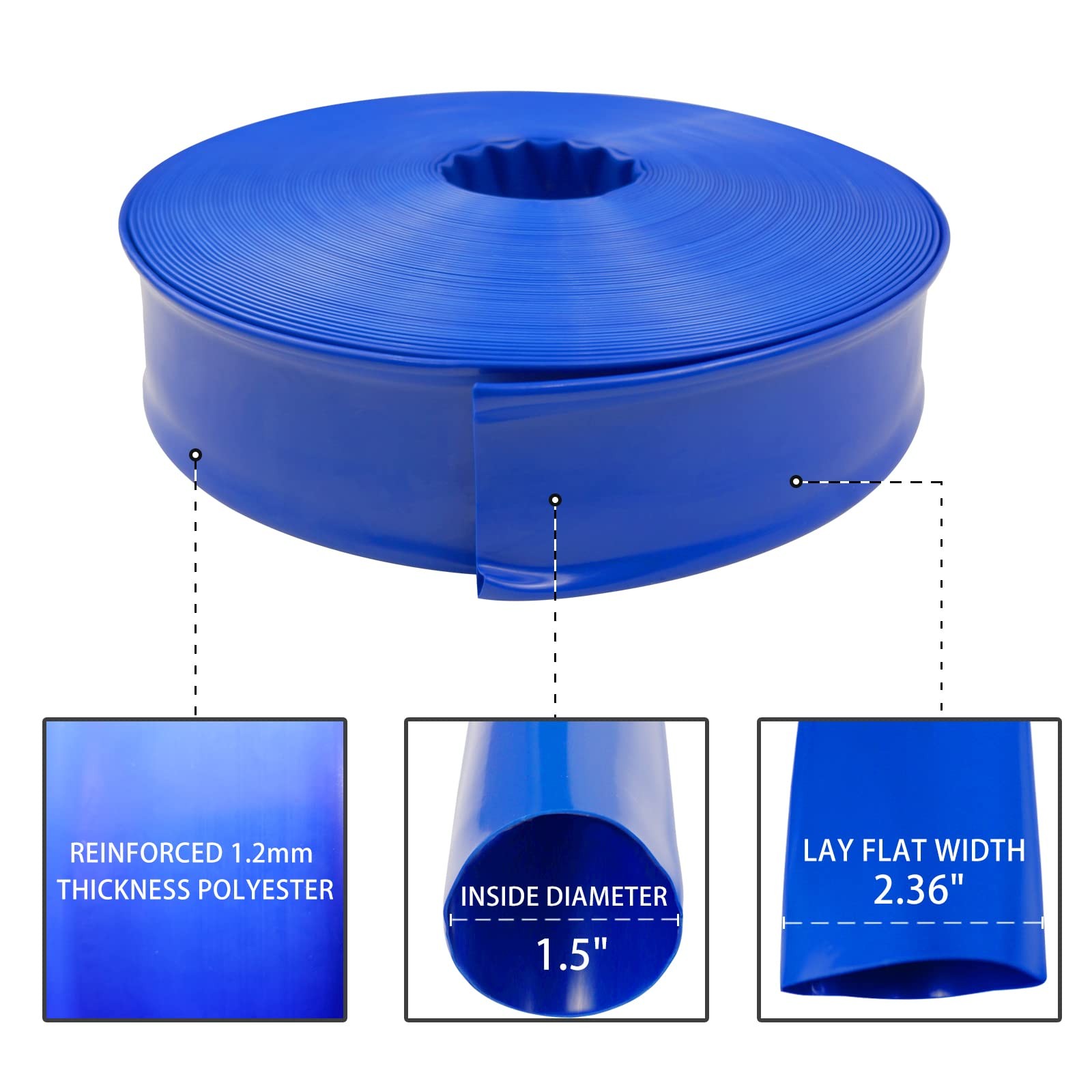 Poolvio 1-1/2&Prime; x 100&prime; Professional Blue Backwash Hose x 100 ft,