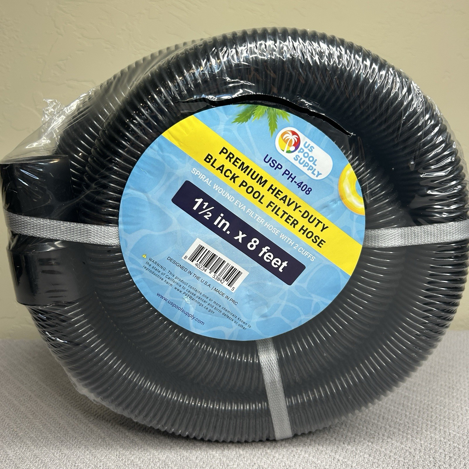 US Pool Supply 1.5in x 8ft Premium Heavy Duty Black Pool Filter Hose 2 Cuffs NEW