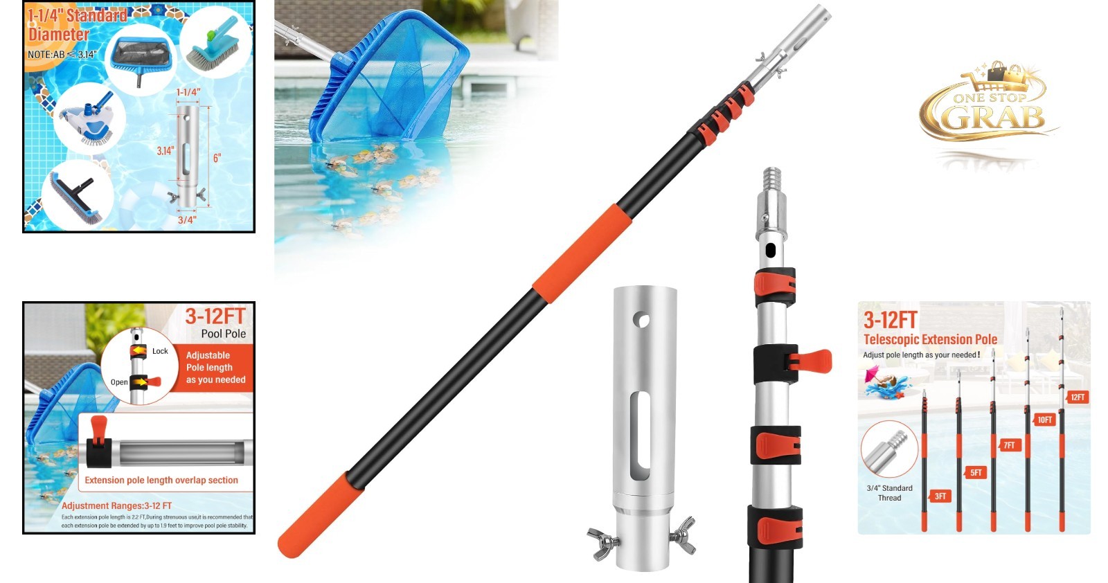 12FT Telescopic Pool Pole Aluminum Heavy Duty for Skimmer Rakes Brushes & Vac…