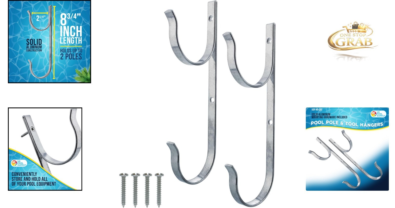 2 Pack Aluminum Pool Pole Hangers Wall Mount Fence Hooks for Nets Skimmers Black