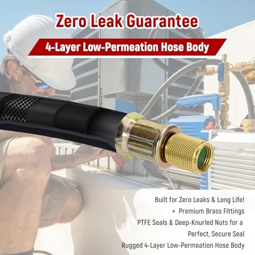 High Flow HVAC Vacuum Hose 1/2&Prime; ID – 3/8&Prime; to 1/4&Prime; Fittings, 6FT Refrigerant