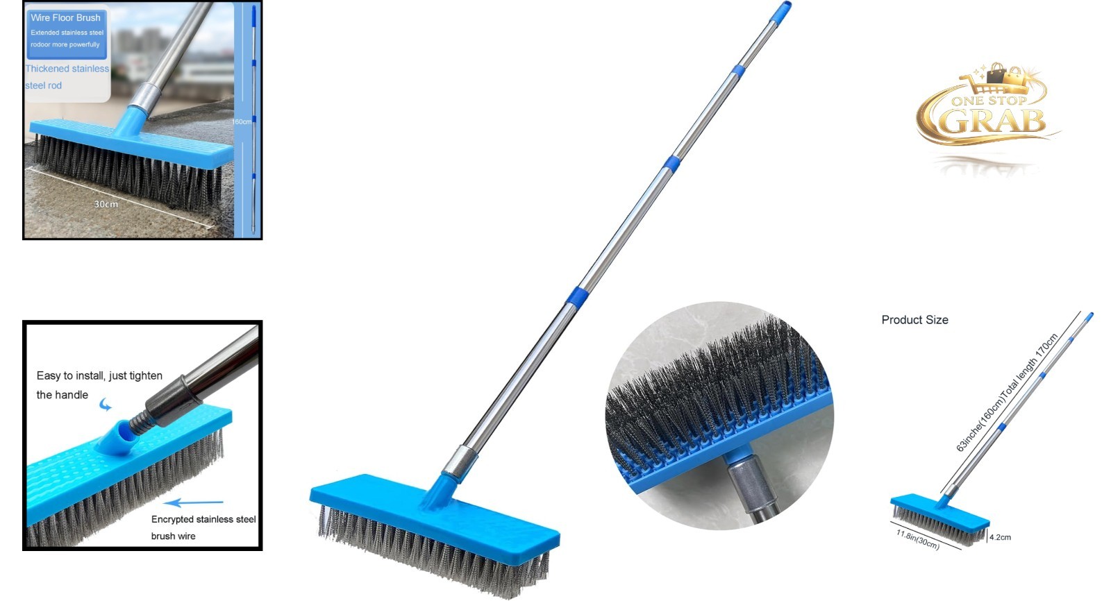 Heavy Duty 65&Prime; Stainless Steel Pool Brush for Concrete and Patio Cleaning
