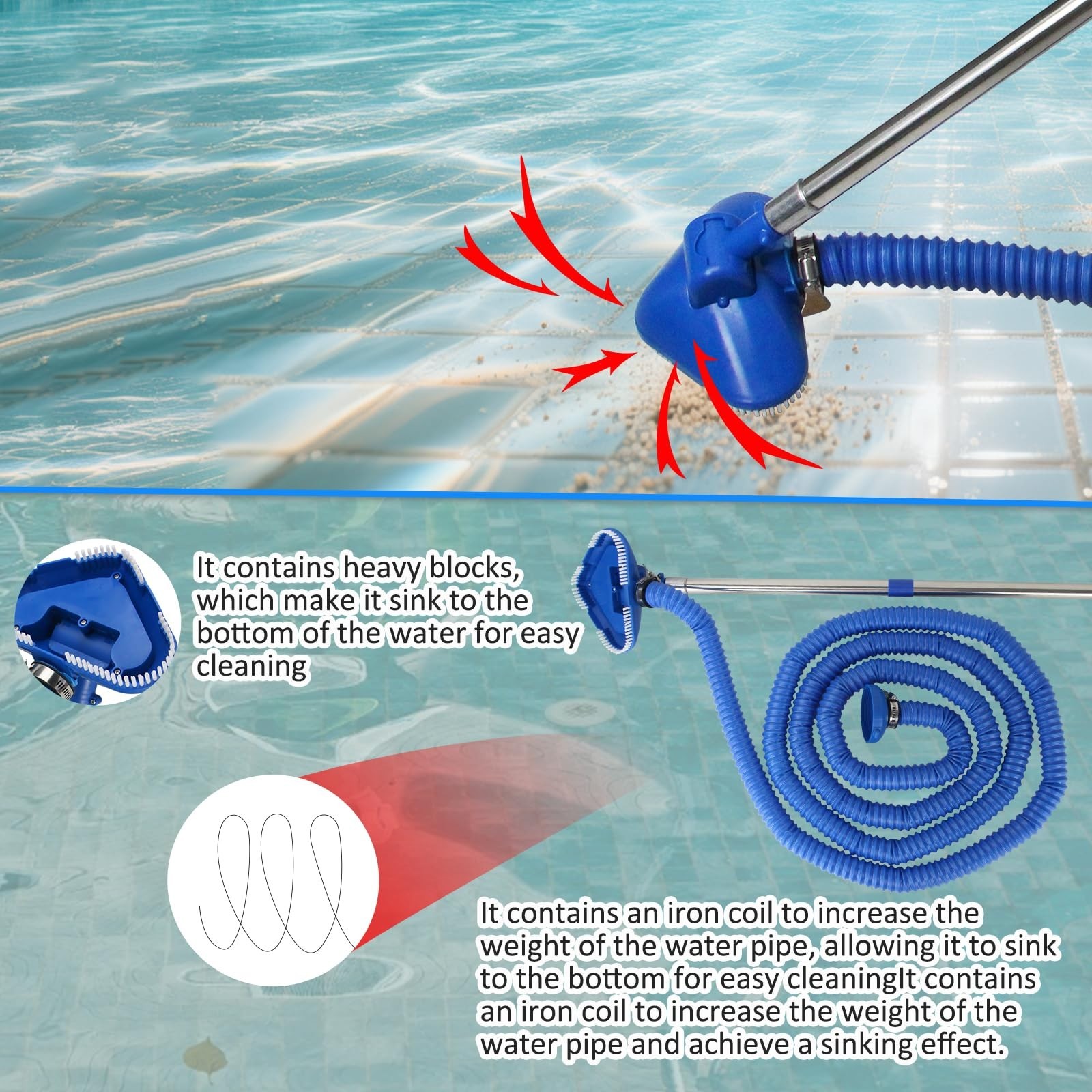 Pool Vacuum Cleaner for Above & In-Ground Pools, Flexible Hose & Extendable Rods