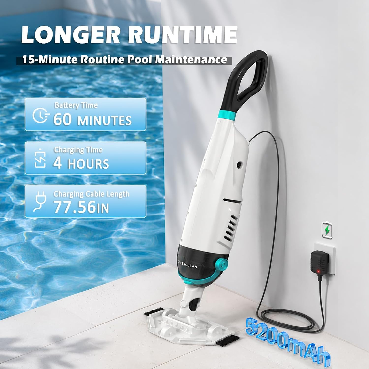 Cordless Handheld Pool Vacuum – 26.5GPM Suction, 60Min Runtime, 2 Heads, Green