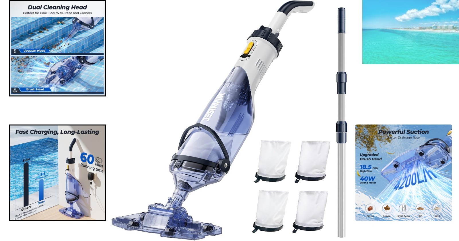Lightweight Above Ground Pool Vacuum – 60 Min Runtime with Widened Nozzle Design