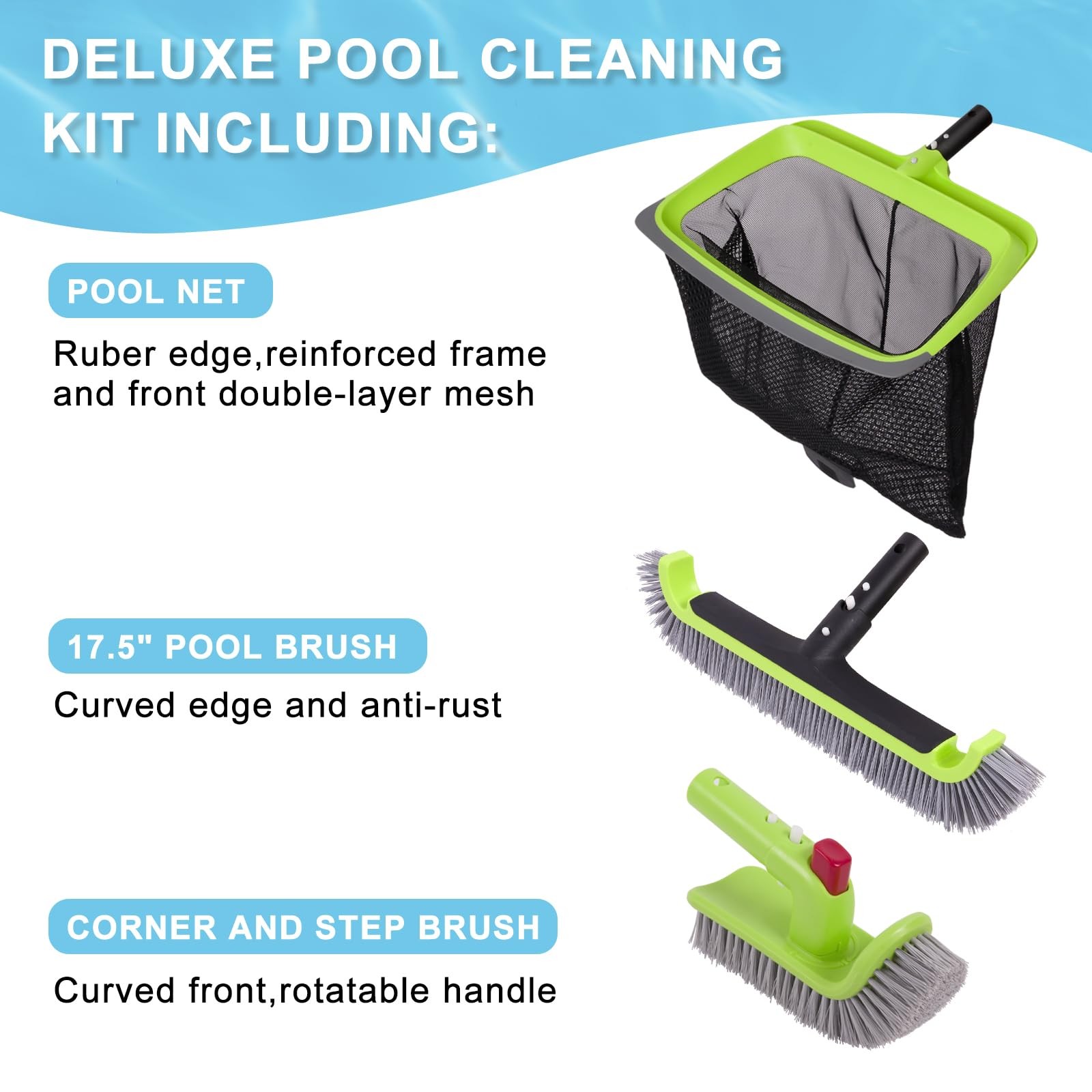Deluxe Swimming Pool Cleaning Kit Including Rubber Edge Skimmer Net,17.5&Prime; Poo…