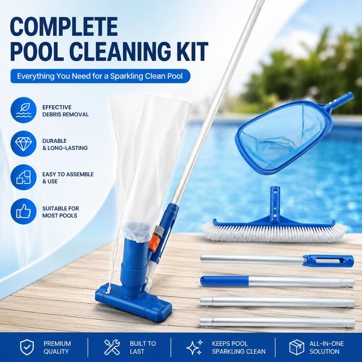 KKZACONL Pool Cleaning Kit Pole Spa Vacuum Net Brush