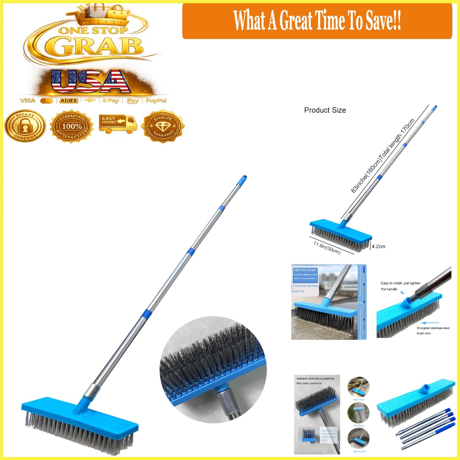 Heavy Duty 65&Prime; Stainless Steel Pool Brush for Concrete and Patio Cleaning