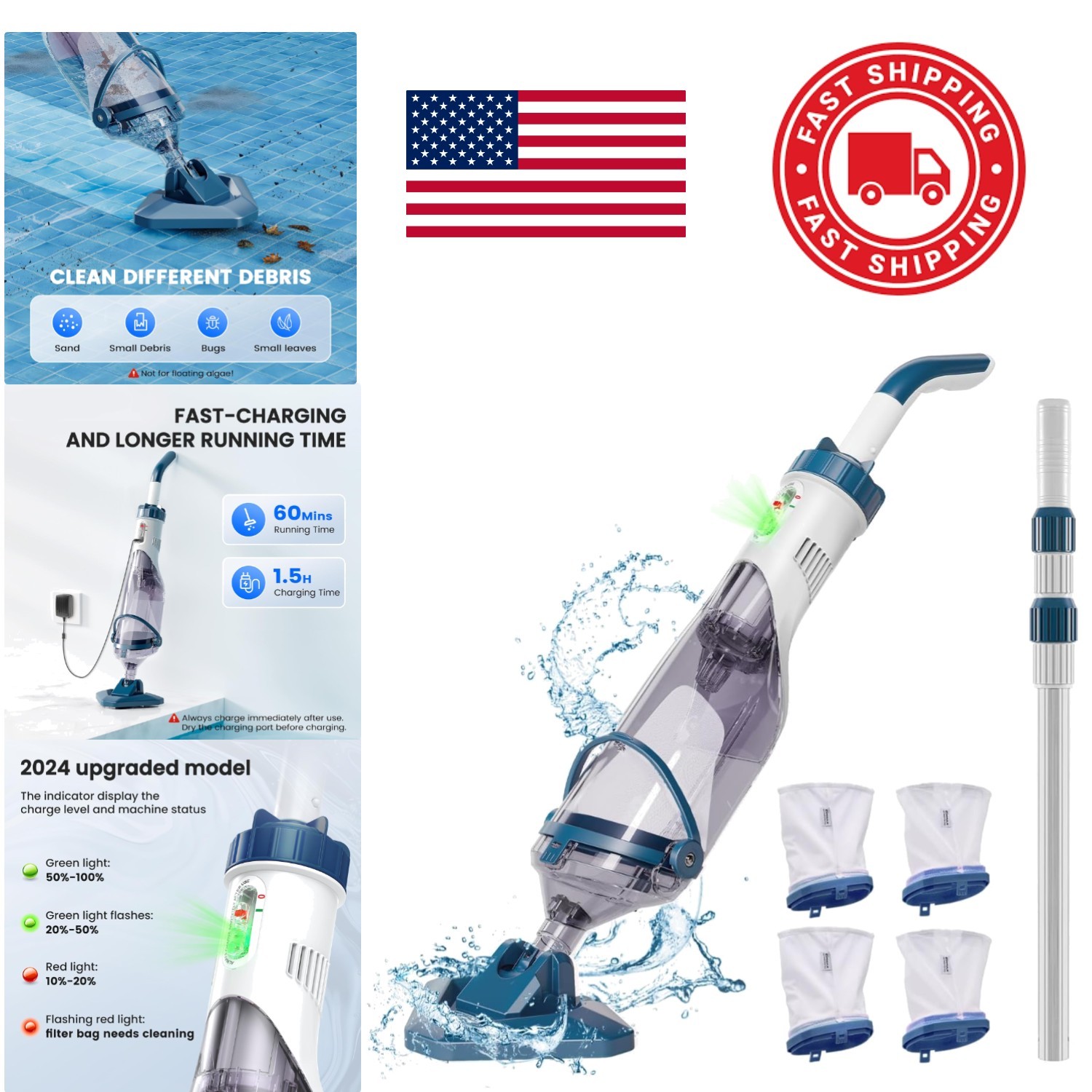 Lightweight Cordless Pool Vacuum with 5 Reusable Filter Bags for Easy Cleaning