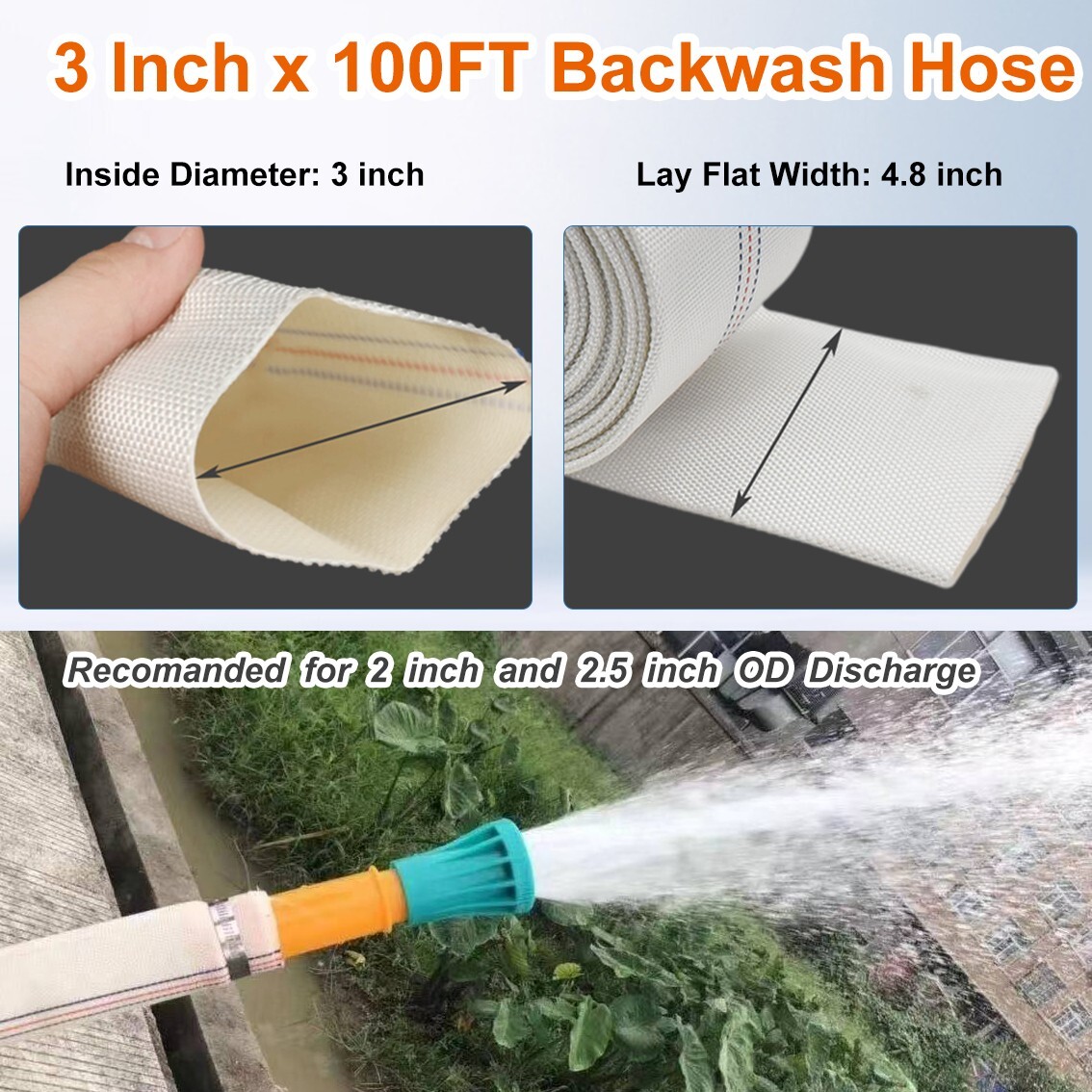 Water Discharge Backwash Pool Hose 3&Prime; in inch x 100 FT Lay-Flat Drain Pump White