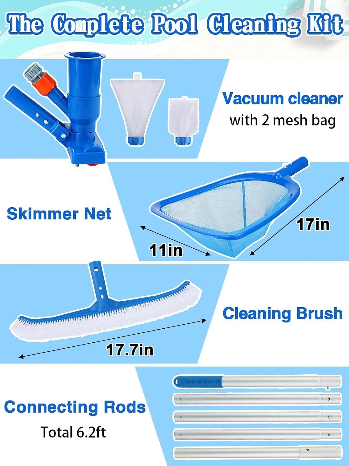 Complete 3-in-1 Pool Cleaning Solution for Above Ground Pools with 6.2ft Pole