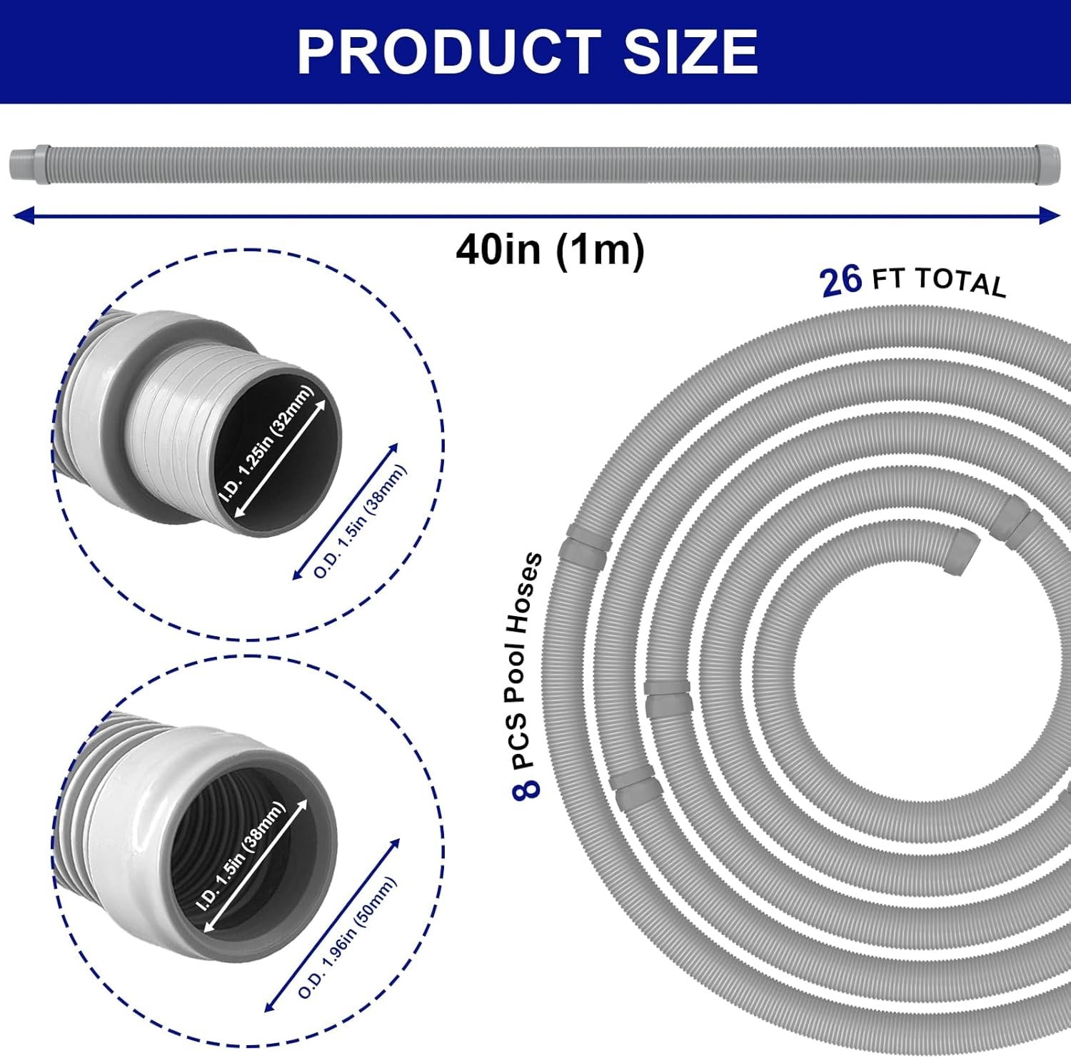 Professional Pool Vacuum Hose 26ft 1.5&Prime; 8-Piece Extension Grey Plastic